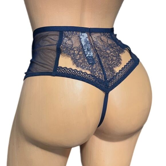 Victorias Secret Very Sexy High-waist Chantilly Lace Panty Thong Large Blue - Picture 1 of 3